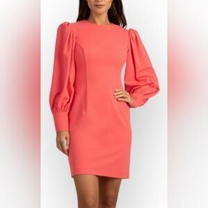 Trina Turk coral midi dress w/ balloon sleeves. Back zipper round neckline 8 NWT